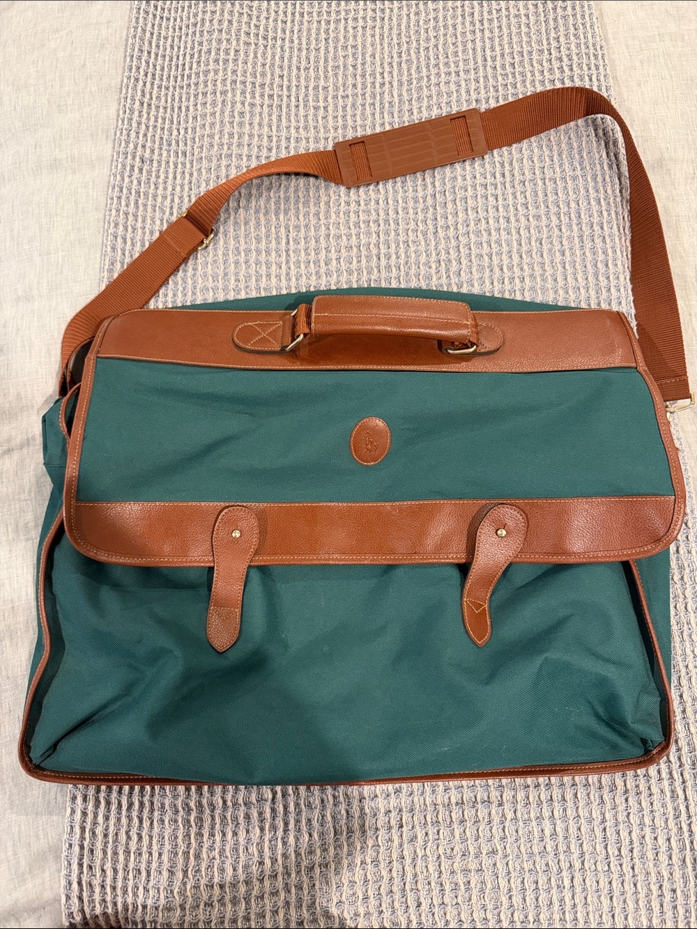 Polo by Ralph Lauren Green Canvas Messenger Bag with Brown Leather Trim